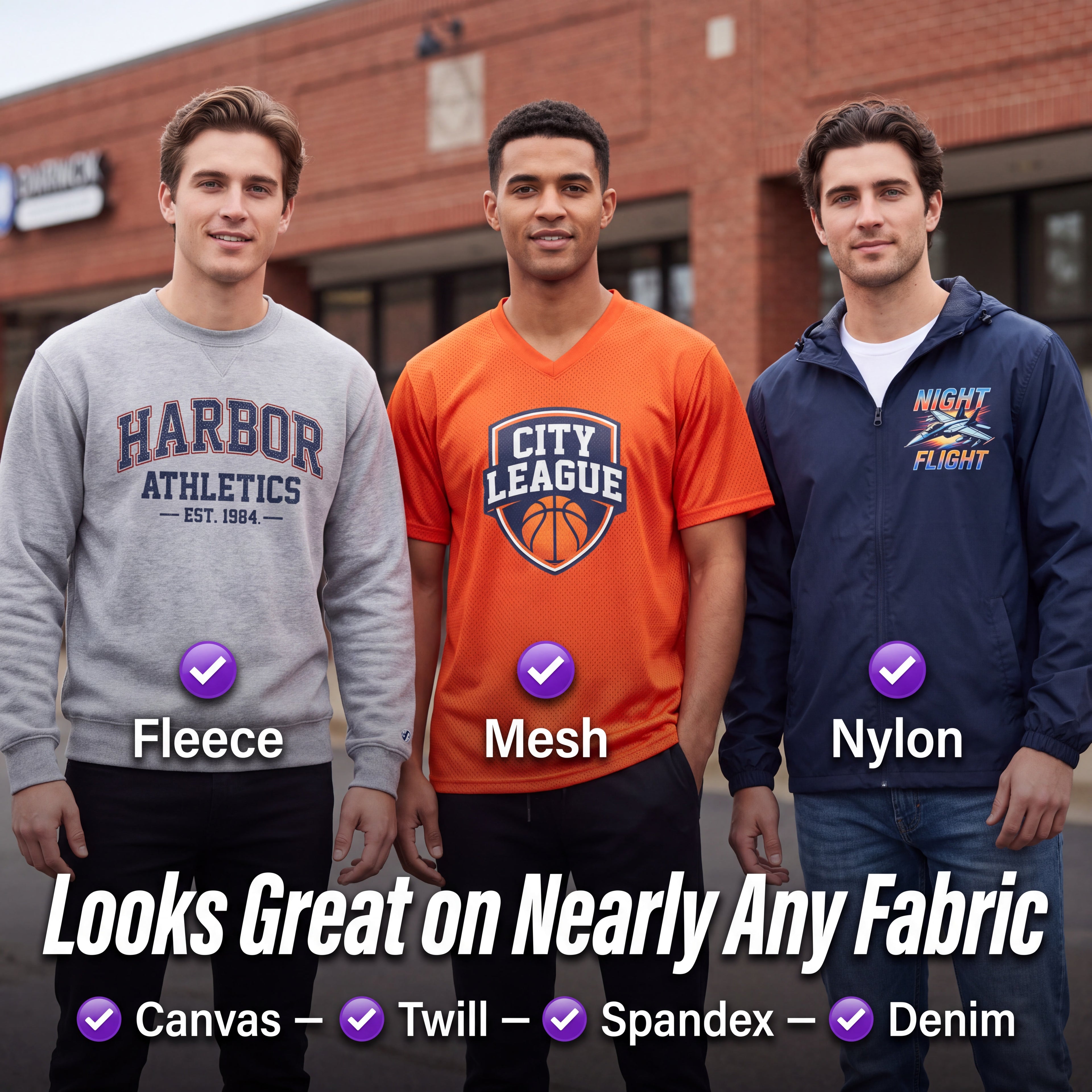 Three men standing outdoors in front of a brick building, each wearing a different color athletic-style graphic top: a gray sweatshirt labeled Fleece, an orange mesh V-neck labeled Mesh, and a navy nylon zip jacket labeled Nylon. Large text at the bottom reads 'Looks Great on Nearly Any Fabric' with fabric type labels underneath.