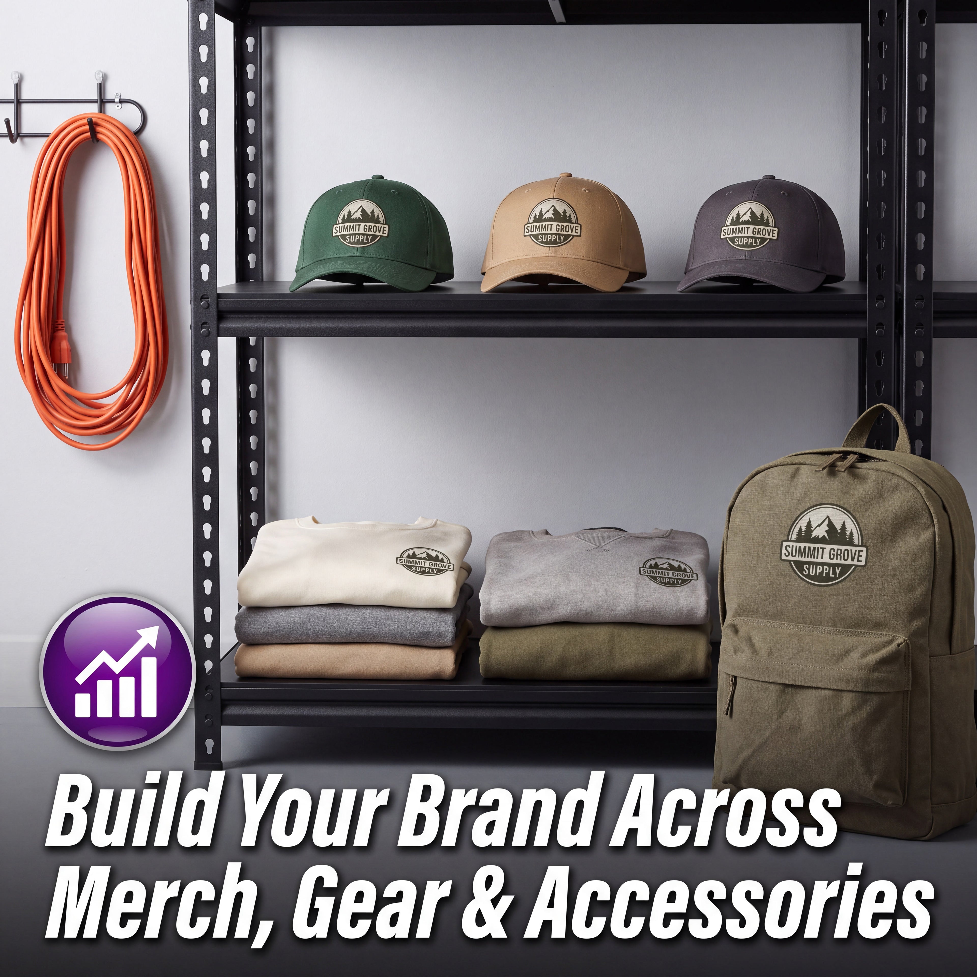 A promotional display showing branded outdoor apparel and accessories on a black shelving unit: three baseball caps on the top shelf, folded sweatshirts on the middle shelf, and a large backpack on the lower right. An orange coiled cord hangs on the left, and large text at the bottom reads 'Build Your Brand Across Merch, Gear & Accessories.