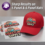 A red baseball cap with an embroidered retro globe wave logo and the words 'COASTLINE SUPPLY' sits on a brushed metal surface next to two matching printed stickers. Large promotional text at the top reads 'Sharp Results on 5 Panel & 6 Panel Hats' with a purple cap icon.