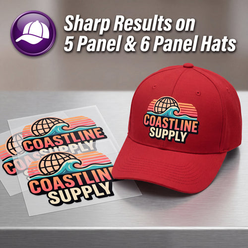 A red baseball cap with an embroidered retro globe wave logo and the words 'COASTLINE SUPPLY' sits on a brushed metal surface next to two matching printed stickers. Large promotional text at the top reads 'Sharp Results on 5 Panel & 6 Panel Hats' with a purple cap icon.