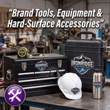 A branded Iron Ridge Contractors black hard case, black tool box, white hard hat, and stainless steel water bottle arranged on a workbench in a workshop setting, with large text reading “Brand Tools, Equipment & Hard-Surface Accessories” and an icon in the lower left.