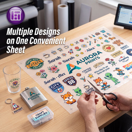 A person's hands hold scissors over a large sheet of assorted printed stickers and decals on a wooden desk. The sheet includes multiple colorful designs such as route-style badges, flowers, animals, and text graphics.